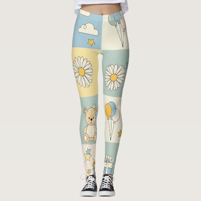 Teddy Bear Daisy Garden Pattern (17) Leggings (Front)