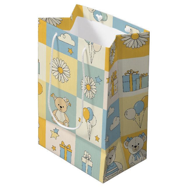 Teddy Bear Daisy Garden Pattern (17) Medium Gift Bag (Front Angled)