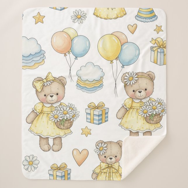 Teddy Bear Daisy Garden Pattern (17) Sherpa Blanket (Front)