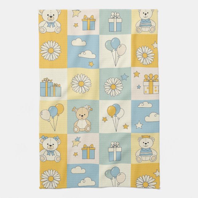 Teddy Bear Daisy Garden Pattern (17) Tea Towel (Vertical)