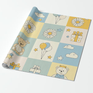 Teddy Bear Daisy Garden Pattern (17) Wrapping Paper
