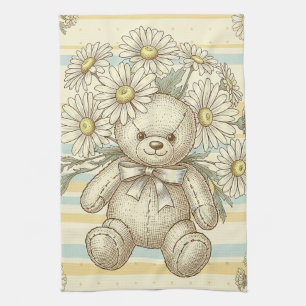 Teddy Bear Daisy Garden Pattern (1) Tea Towel