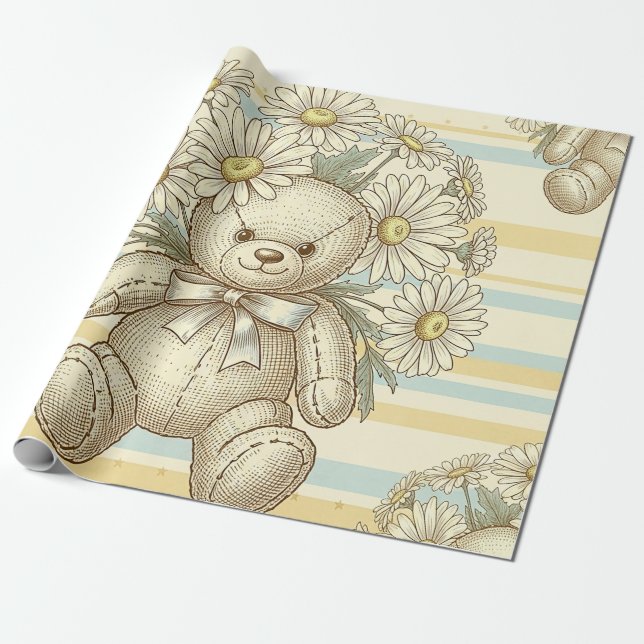 Teddy Bear Daisy Garden Pattern (1) Wrapping Paper (Unrolled)
