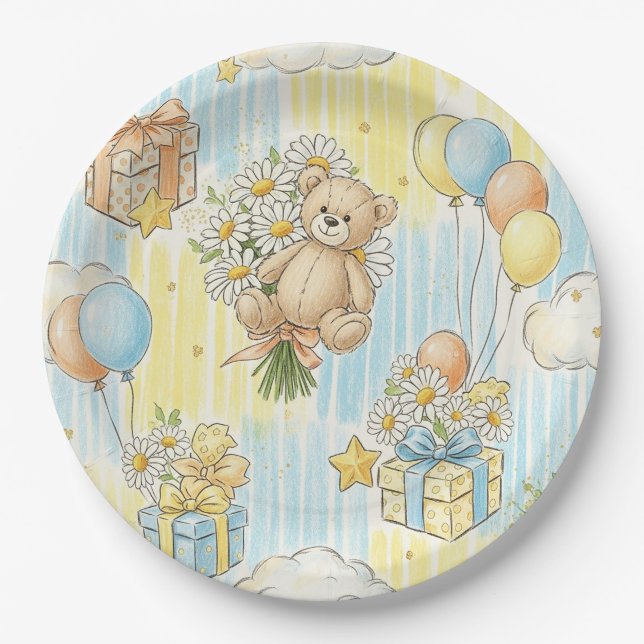 Teddy Bear Daisy Garden Pattern (3) Paper Plate (Front)