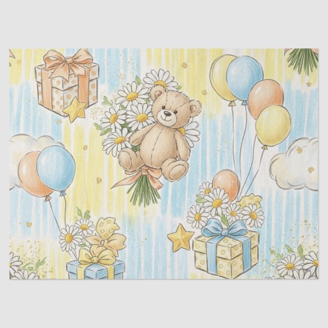 Teddy Bear Daisy Garden Pattern (3) Tissue Paper (Front)