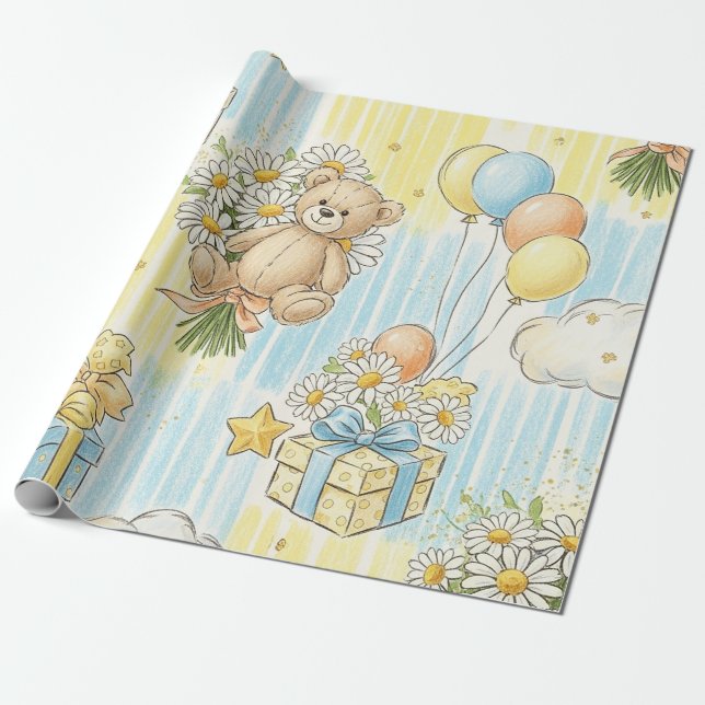 Teddy Bear Daisy Garden Pattern (3) Wrapping Paper (Unrolled)