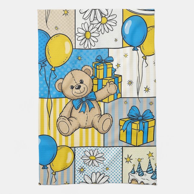 Teddy Bear Daisy Garden Pattern (4) Tea Towel (Vertical)