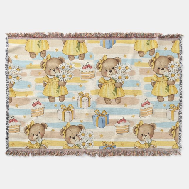 Teddy Bear Daisy Garden Pattern (5) Throw Blanket (Front)