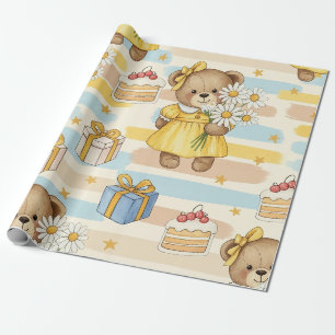 Teddy Bear Daisy Garden Pattern (5) Wrapping Paper