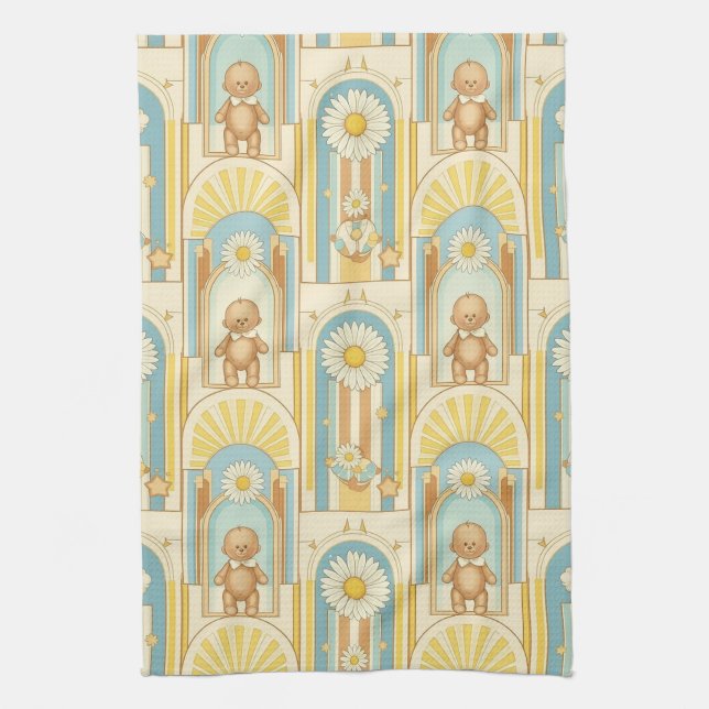 Teddy Bear Daisy Garden Pattern (6) Tea Towel (Vertical)