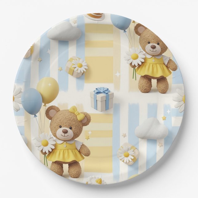 Teddy Bear Daisy Garden Pattern (8) Paper Plate (Front)