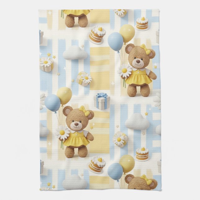 Teddy Bear Daisy Garden Pattern (8) Tea Towel (Vertical)