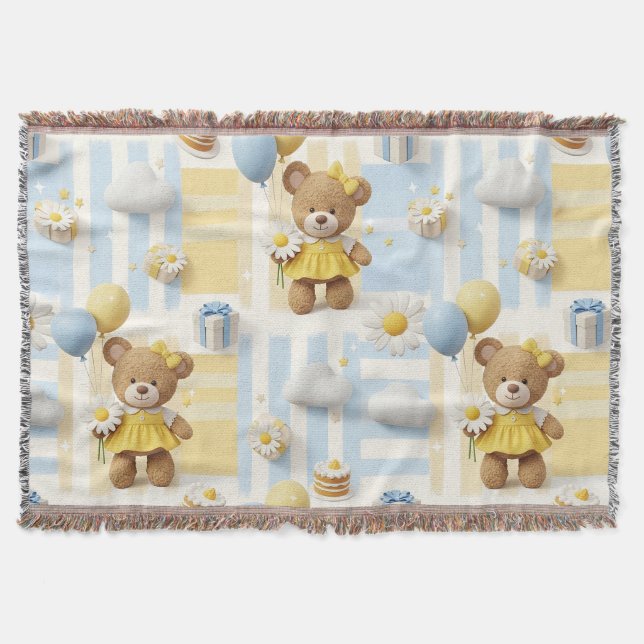 Teddy Bear Daisy Garden Pattern (8) Throw Blanket (Front)