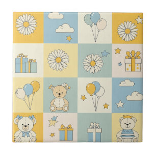 Teddy Bear Daisy Garden Pattern (8) Tile