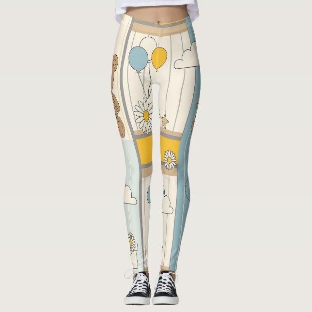 Teddy Bear Daisy Garden Pattern (9) Leggings (Front)