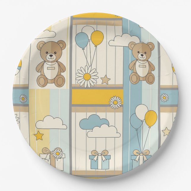 Teddy Bear Daisy Garden Pattern (9) Paper Plate (Front)
