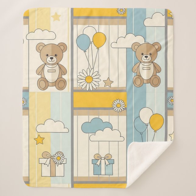 Teddy Bear Daisy Garden Pattern (9) Sherpa Blanket (Front)