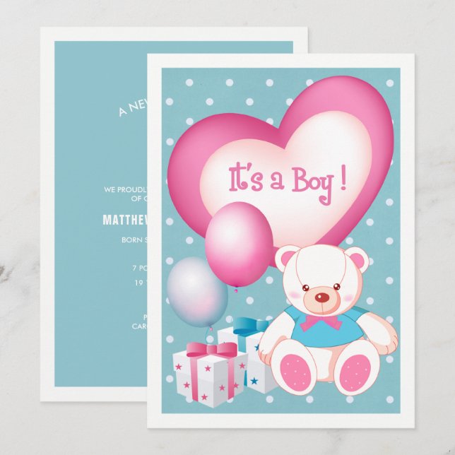 Teddy Bear Design Baby Boy Birth Announcement (Front/Back)