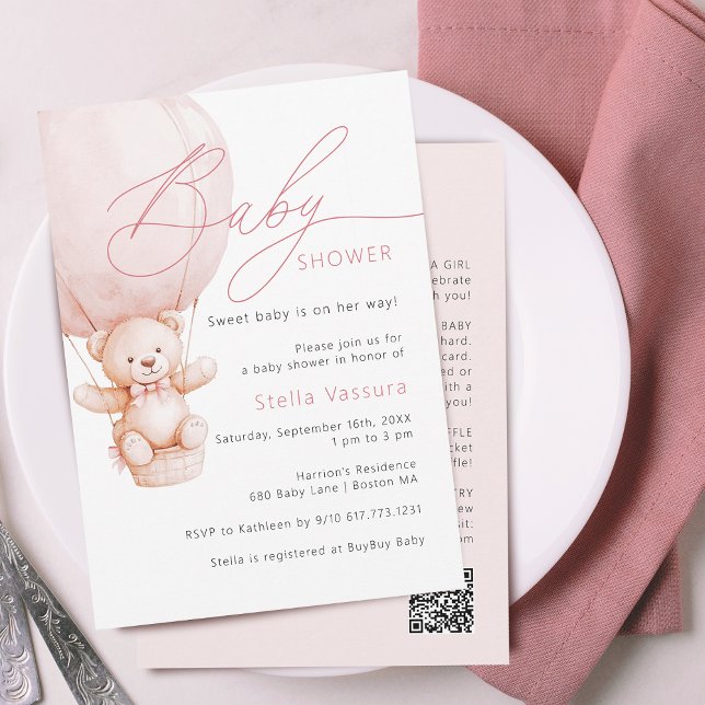 Teddy Bear Details QR Code Girl Baby Shower Invitation (Teddy Bear Details QR Code Girl Baby Shower Invitation)