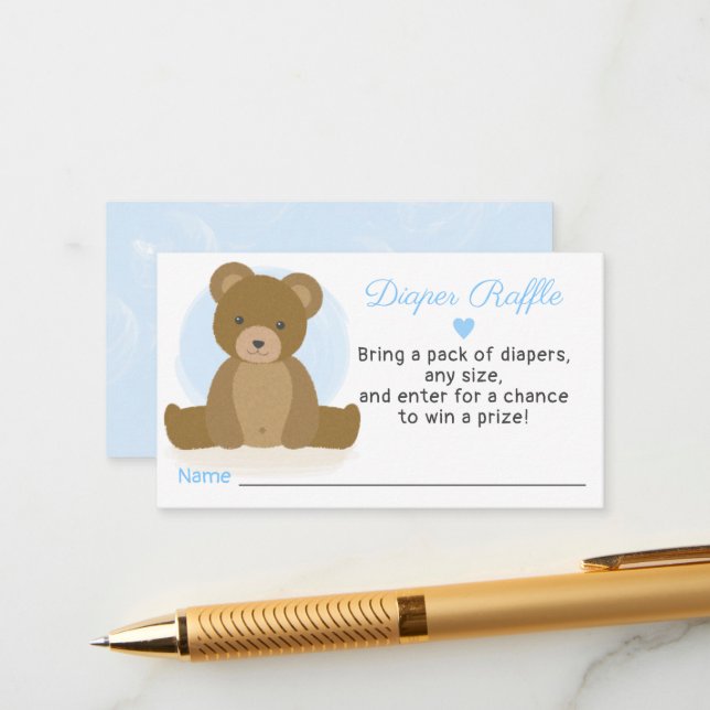 Teddy Bear Diaper Raffle Boy Baby Shower Enclosure Card (Front/Back In Situ)