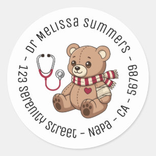 Teddy Bear Doctor Pediatrician Round Text Classic Round Sticker