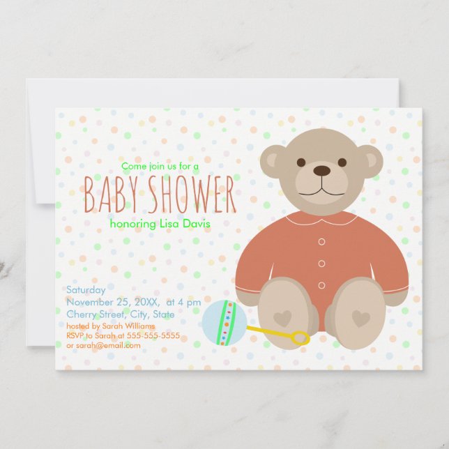 Teddy Bear Dressed in Coral Baby Shower Invitation (Front)