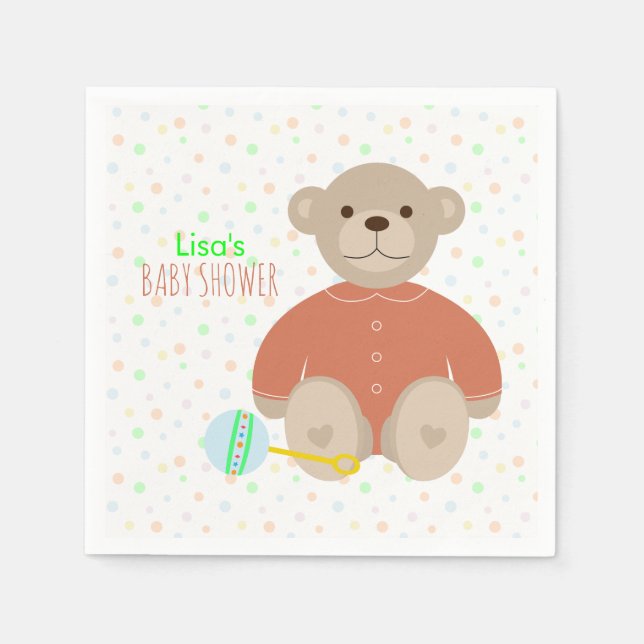 Teddy Bear Dressed in Coral Baby Shower Napkin (Front)