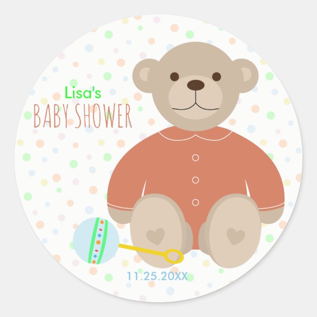 Teddy Bear Dressed in Coral Baby Shower Sticker (Front)