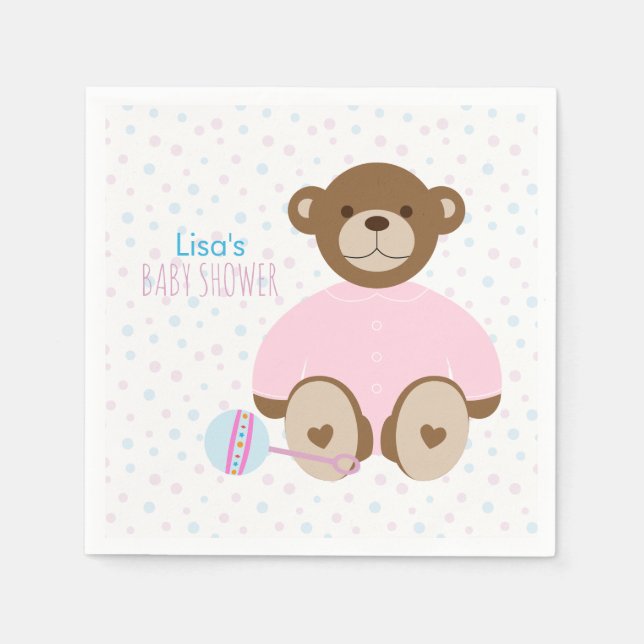 Teddy Bear Dressed in Pink Baby Shower Napkin (Front)