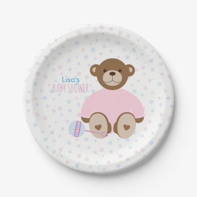 Teddy Bear Dressed in Pink Baby Shower Paper Plate (Front)