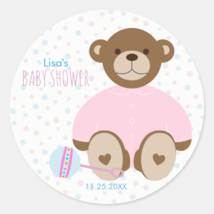 Teddy Bear Dressed in Pink Baby Shower Sticker