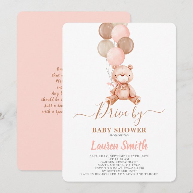 Teddy Bear Drive by Baby Shower Girl Invitation (Front/Back)