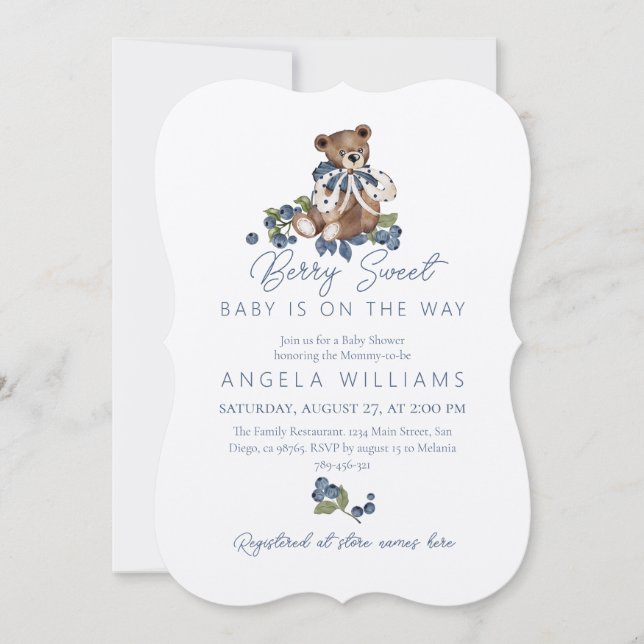 Teddy Bear Dusty Blue Berry Sweet Baby Shower Invitation (Front)
