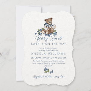Teddy Bear Dusty Blue Berry Sweet Baby Shower Invitation