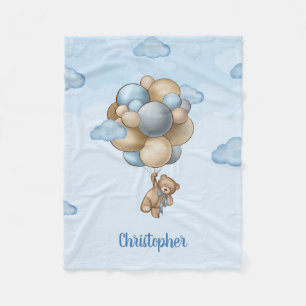 Teddy bear dusty blue brown ivory balloons fleece blanket