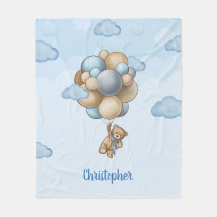 Teddy bear dusty blue brown ivory balloons fleece blanket