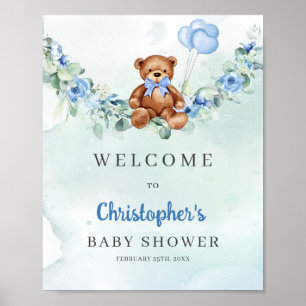 Teddy bear dusty blue floral eucalyptus welcome poster