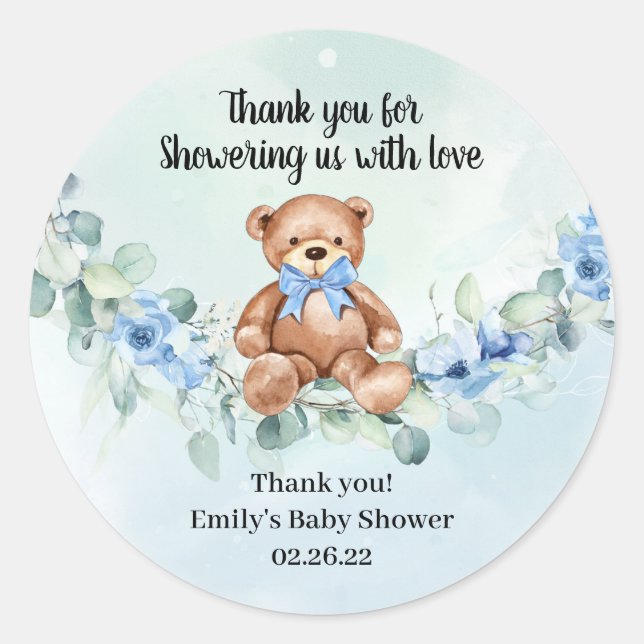 Teddy bear dusty blue floral eucalyptus wreath  classic round sticker (Front)