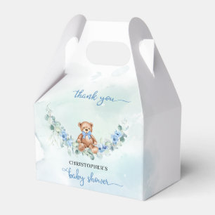 Teddy bear dusty blue floral eucalyptus wreath favour box