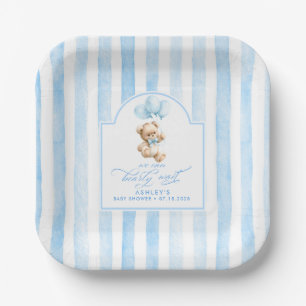 Teddy Bear Elegant Light Blue Stripes Baby Shower Paper Plate