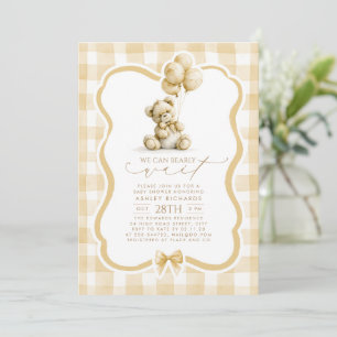 Teddy Bear Elegant Light Brown Gingham Baby Shower Invitation