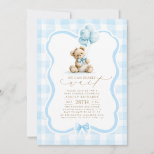 Teddy Bear Elegant Pastel Blue Gingham Baby Shower Invitation