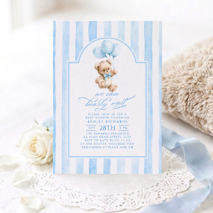 Teddy Bear Elegant Pastel Blue Stripes Baby Shower Invitation