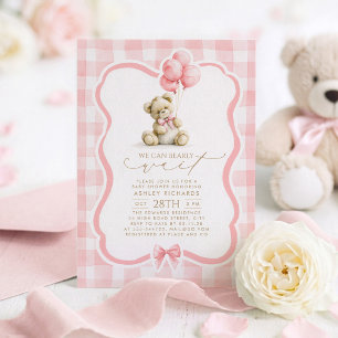 Teddy Bear Elegant Pastel Pink Gingham Baby Shower Invitation