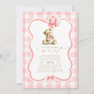 Teddy Bear Elegant Pastel Pink Gingham Baby Shower Invitation