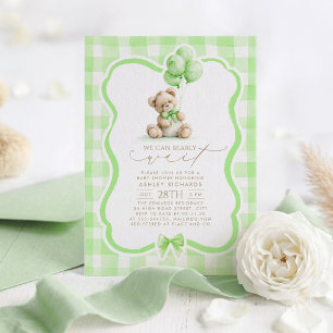 Teddy Bear Elegant Sage Green Gingham Baby Shower Invitation