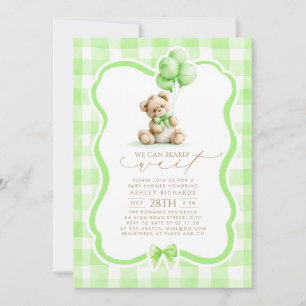 Teddy Bear Elegant Sage Green Gingham Baby Shower Invitation