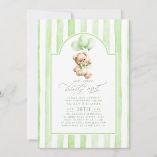Teddy Bear Elegant Sage Green Stripes Baby Shower Invitation