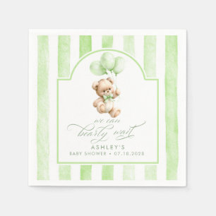 Teddy Bear Elegant Soft Green Stripes Baby Shower Napkin