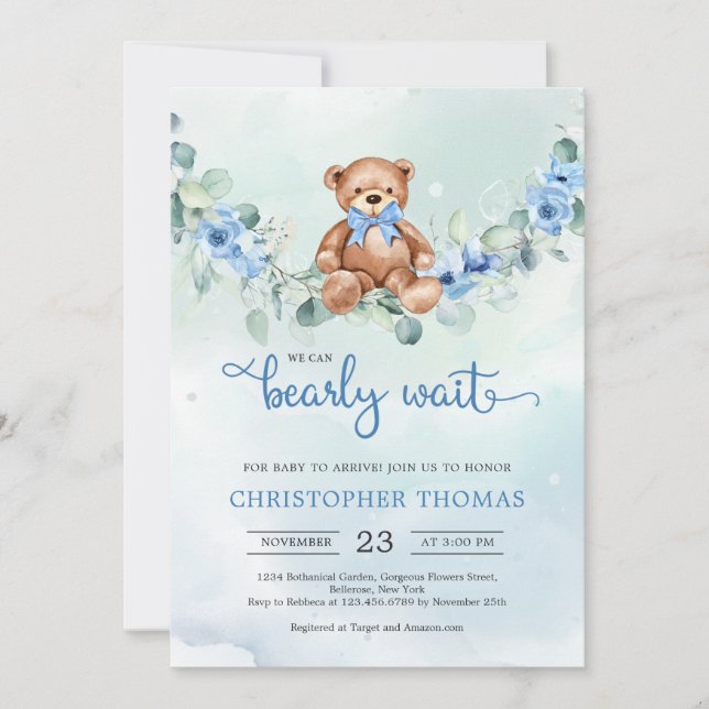 Teddy Bear Eucalyptus Wreath Boy Baby Shower Invitation (Front)